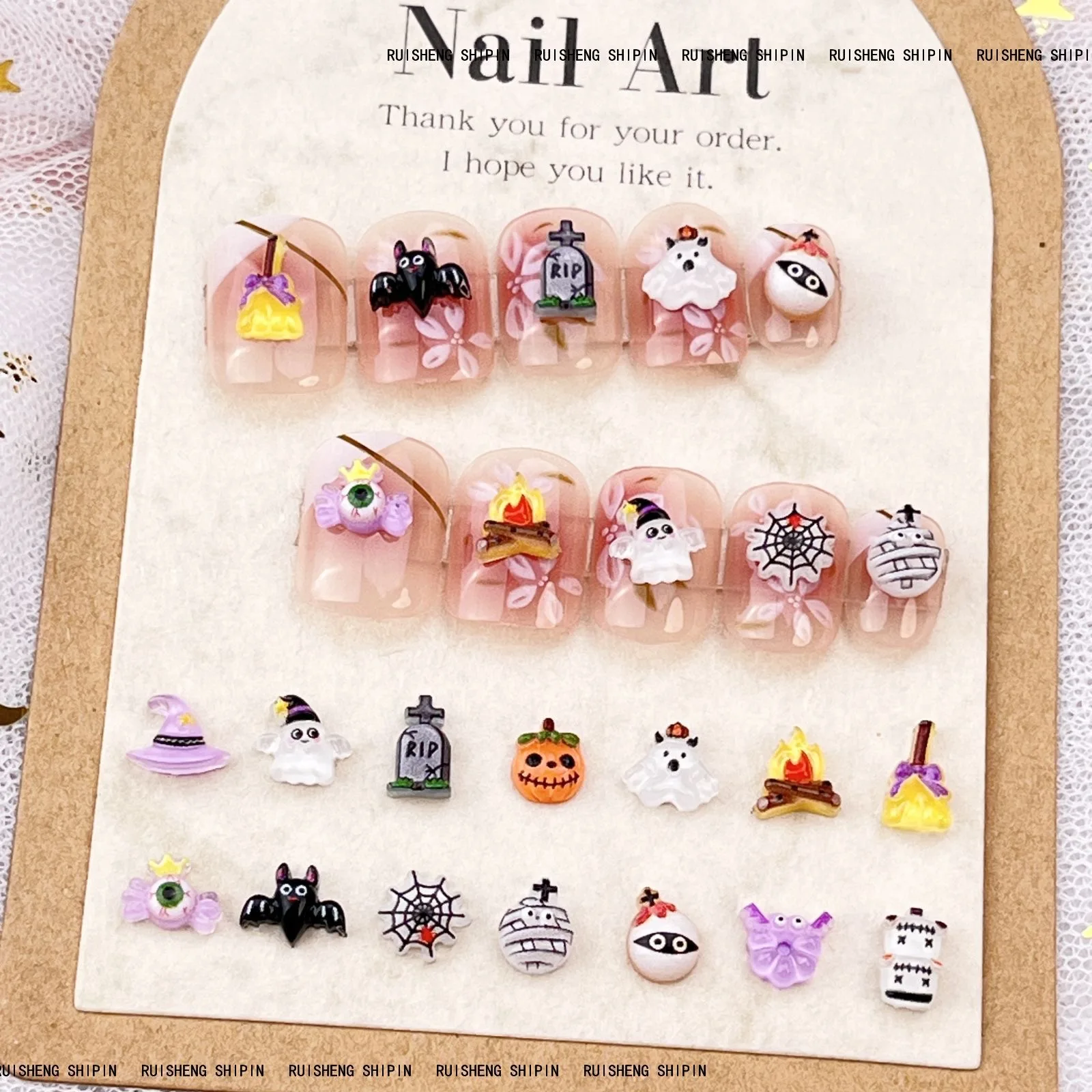 Art Craft Hat - 50pcs เรซิ่นมินิสีสันฮาโลวีน Ghost หมวกฟักทองค้างคาวแมงมุมแบนกลับ Figurines เล็บ