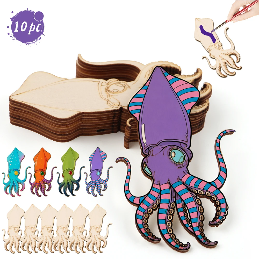 Art Crafts - ชุดงานฝีมือไม้รูปปลาหมึกยักษ์ 10 ชิ้น/ชุด สำหรับตกแต่งแขวนผนัง งาน DIY