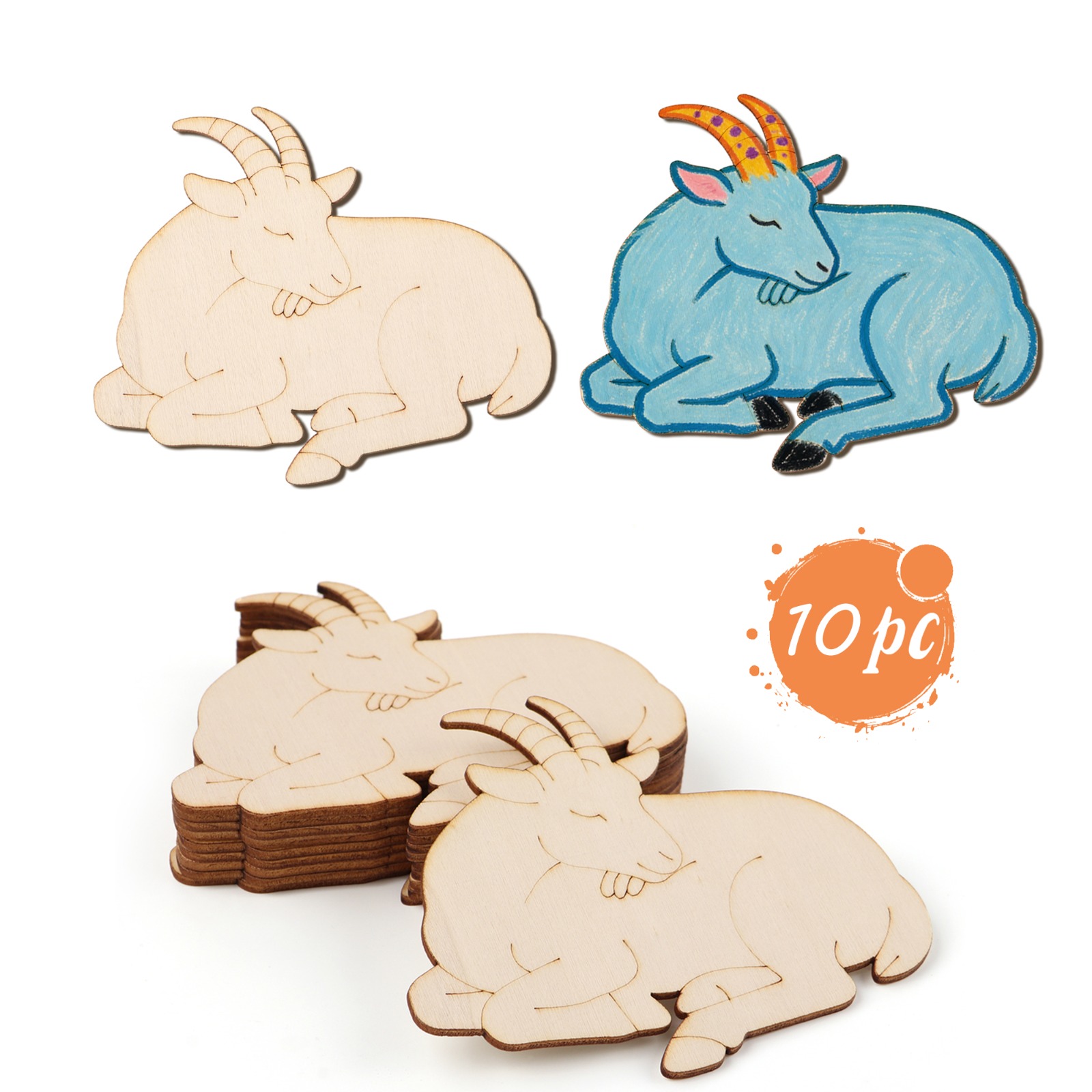 Art Crafts - ชุดงานฝีมือไม้แกะสลักรูปแกะ 10 ชิ้น/ชุด สำหรับทำของตกแต่งแขวนผนัง งานศิลปะ DIY